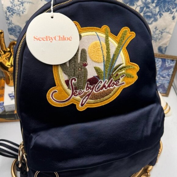 🆕 SEE BY CHLOE 🧿 NWT Cactus and Logo-Embroidered Satin Backpack in Navy - Picture 13 of 15